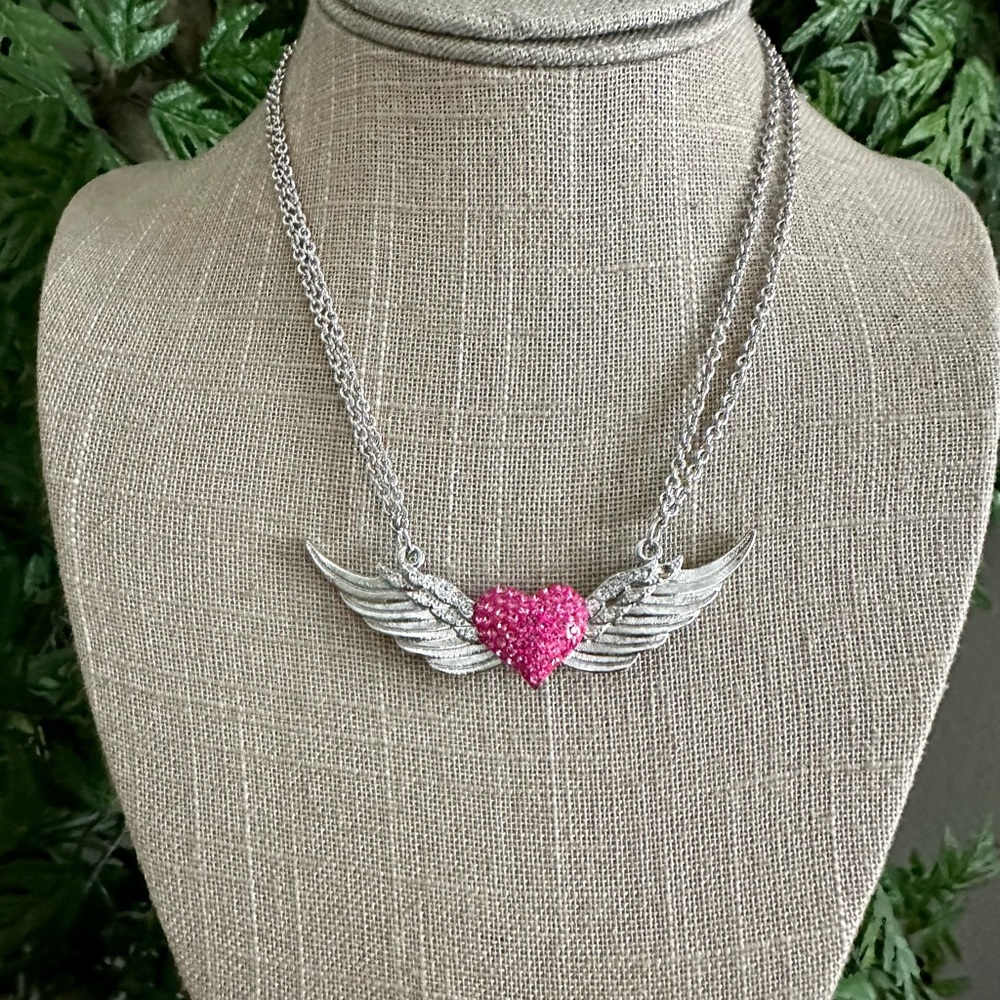 pink-heart-silver-wings-crystal-double-stranded-necklace